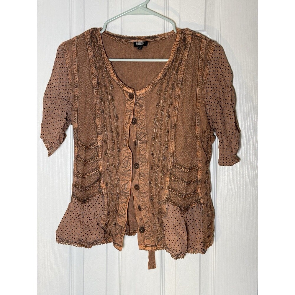 90s Cottagecore Brown Button Front Peasant Top Tie Back Short Sleeve